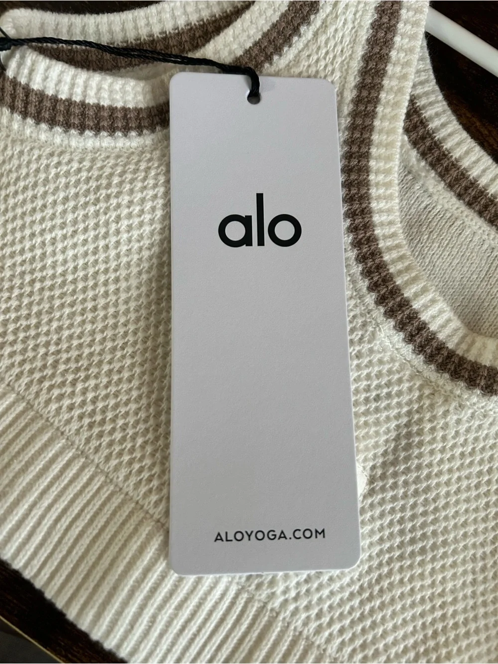 ALO Yoga Cream Knit Sports Bra with Brown Trim